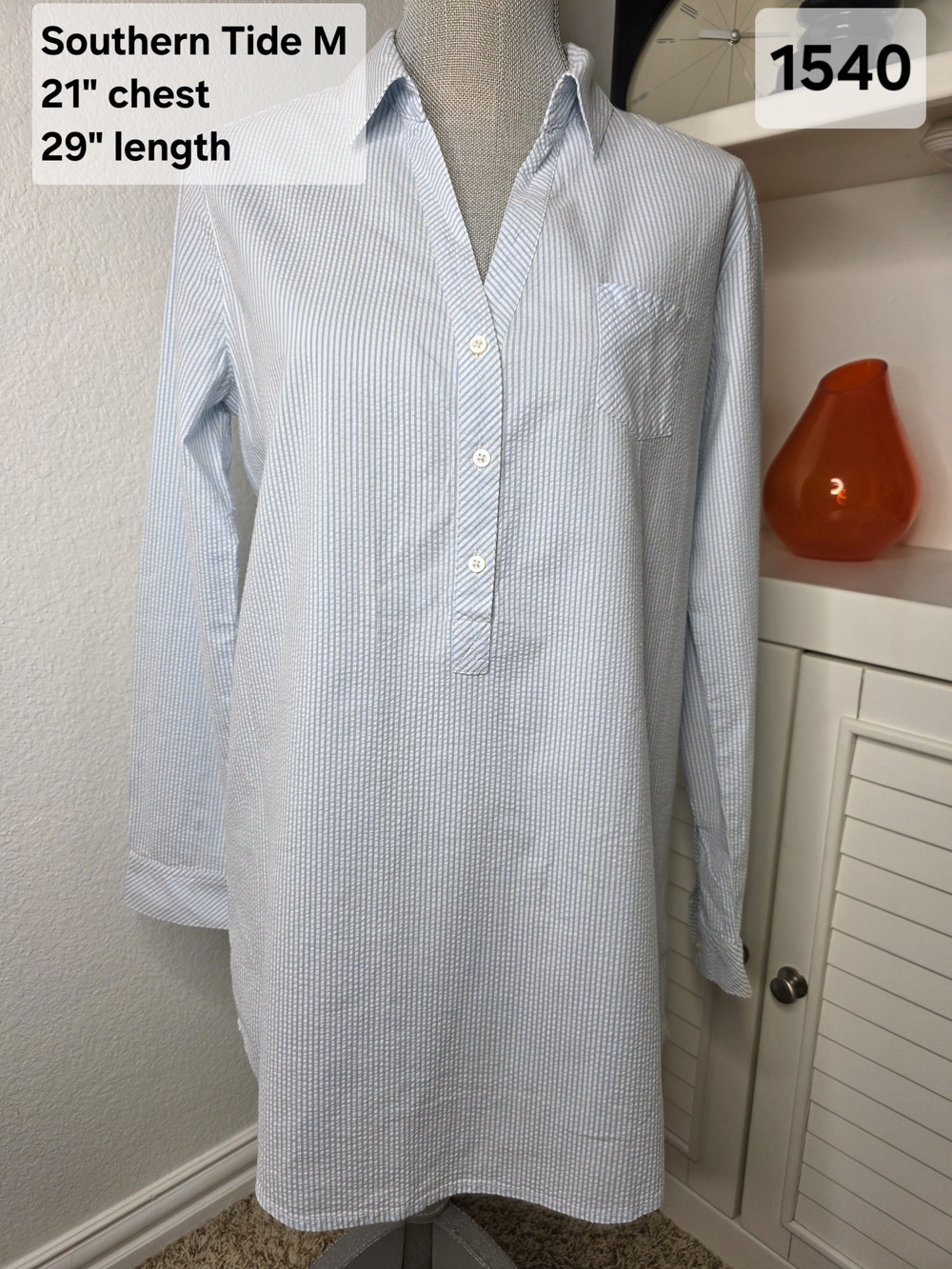 Southern Tide Light Blue Seersucker Pullover Shirt Dress Medium